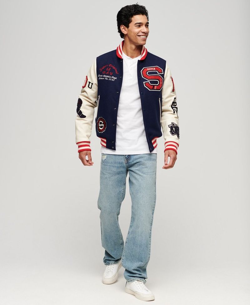 Chaqueta-Casual-Para-Hombre-College-Varsity-Patched-Bomber-